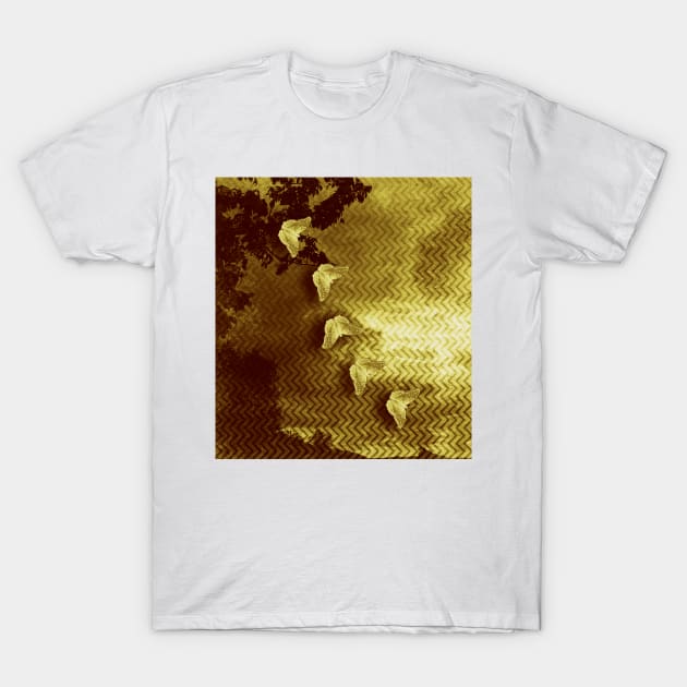 gold butterflies and abstract landscape T-Shirt by hereswendy